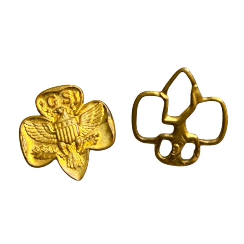 Vintage Girl Scouts GSUSA Eagle Trefoil Pin and Brownie Elf Trefoil Pin Set Gold